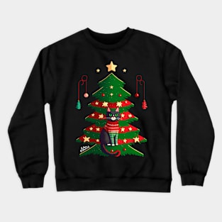 Cute cat in Christmas sweater and Christmas tree Crewneck Sweatshirt